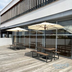 塑木野餐桌椅+9尺玻纖傘(白)+傘座 免運費 啤酒桌 戶外休閒桌 DIY自組